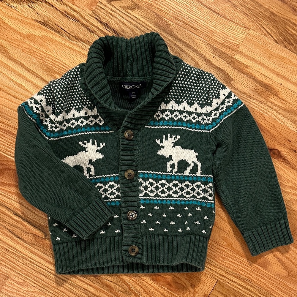 Cherokee Forest Green Moose Pattern Kids Sweater 2T/3T